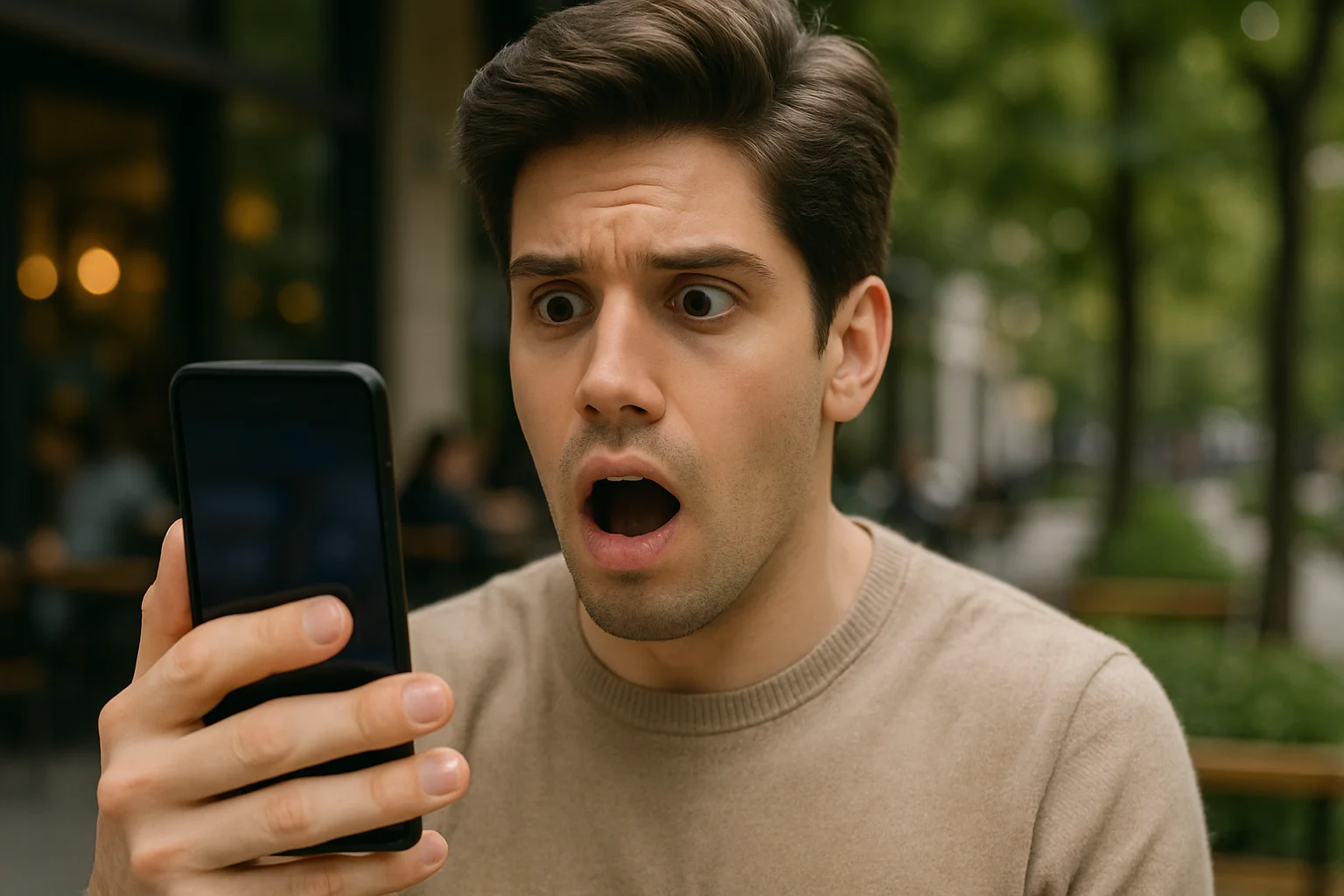 A surprised young man looks at his smartphone screen, illustrating confusion about location sharing after being blocked.