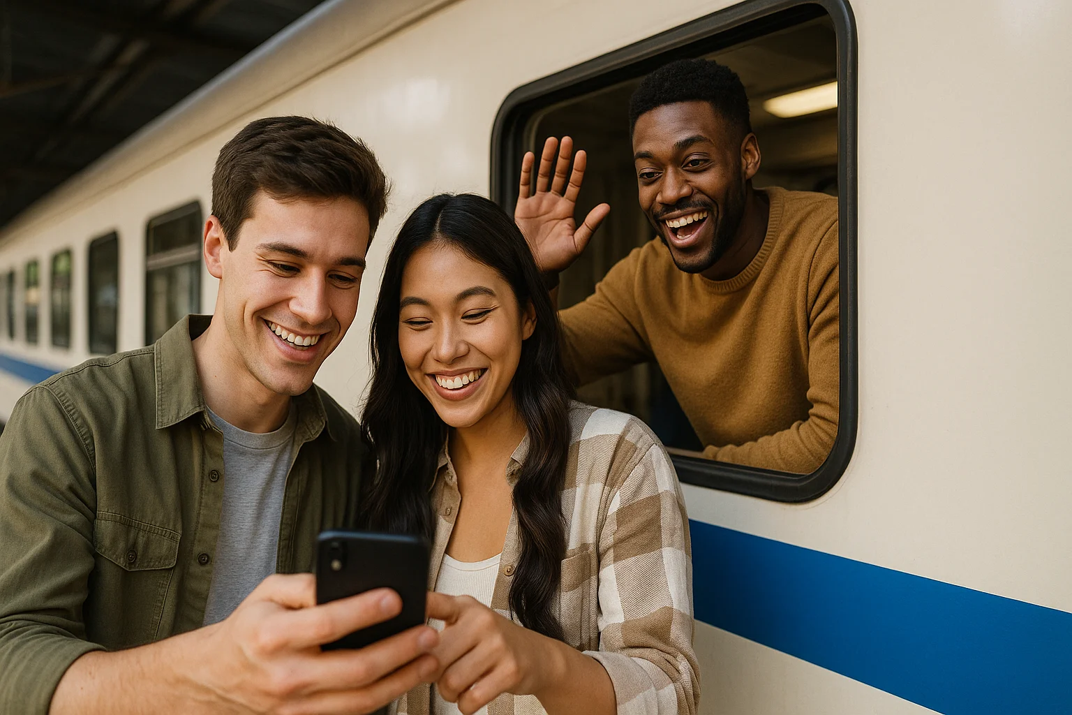 Two friends smile while checking a smartphone to see the location of their leaving friend, as their friend waves goodbye from a train window—showing trust and transparency in location sharing.