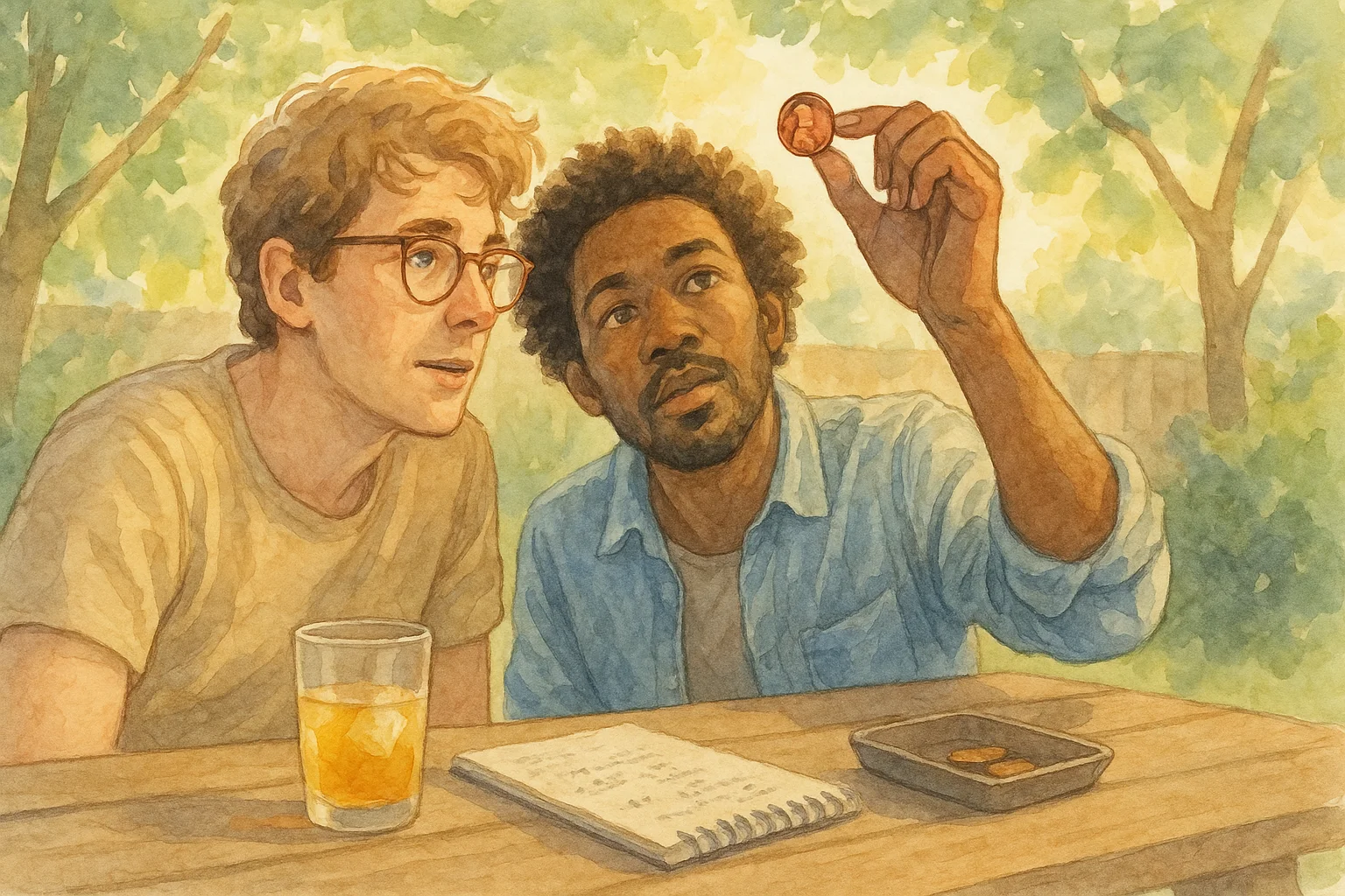 Friends discuss an unusual penny in the backyard.