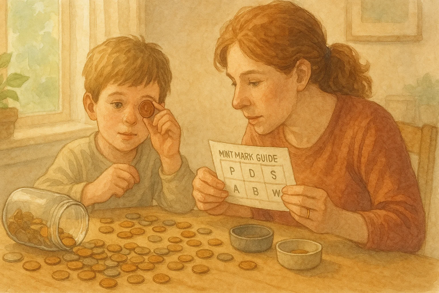 A mother and a child study coins from a jar together.